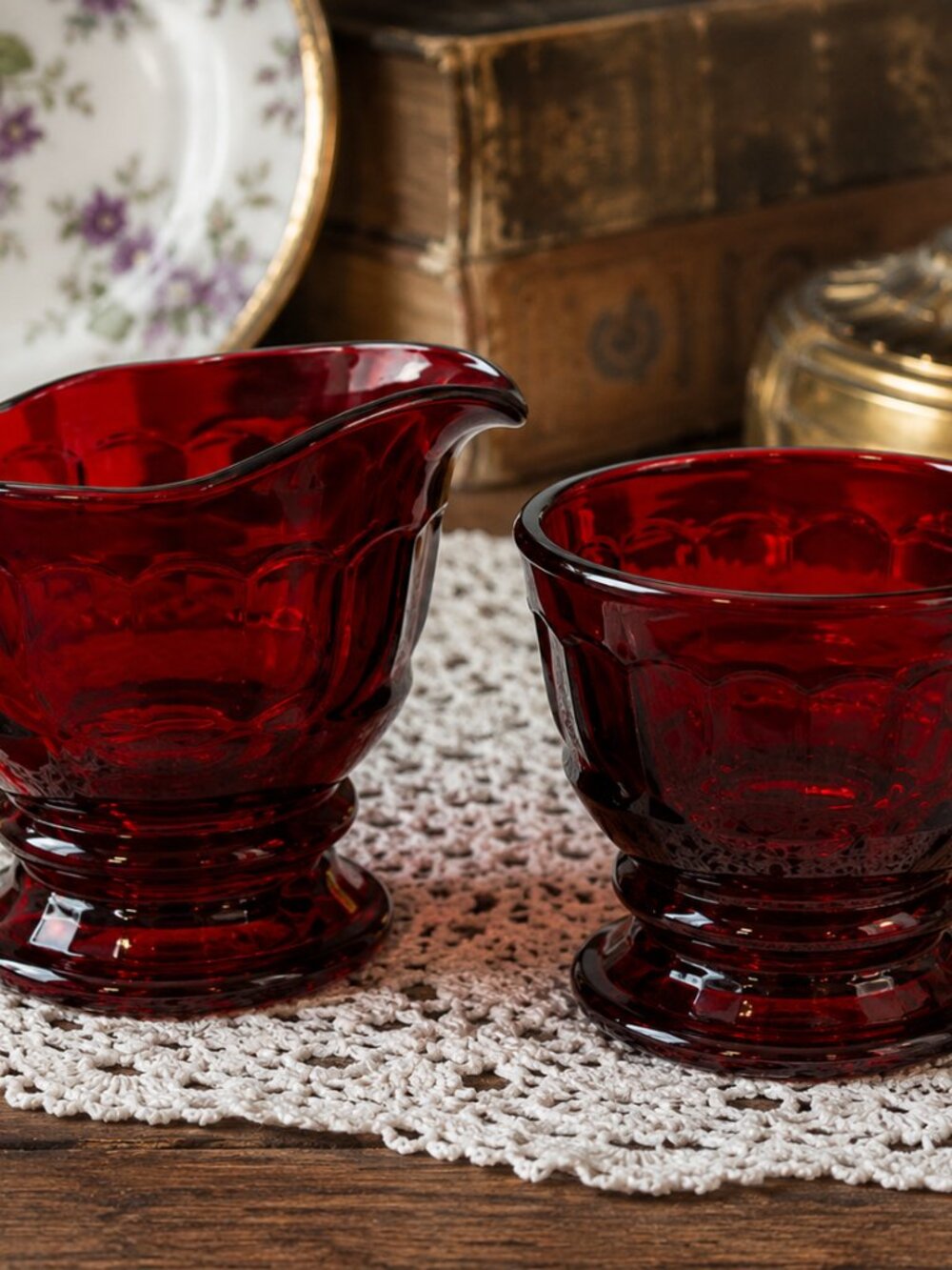 CS-10--Vintage Ruby Red Glass Cream & Sugar Set – Footed Fluted English Glass –